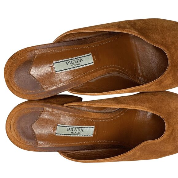 Prada Suede V-Notch Mules Size 39 Brown Pointed Toe Block Heel Slip-On Shoes - Picture 8 of 10